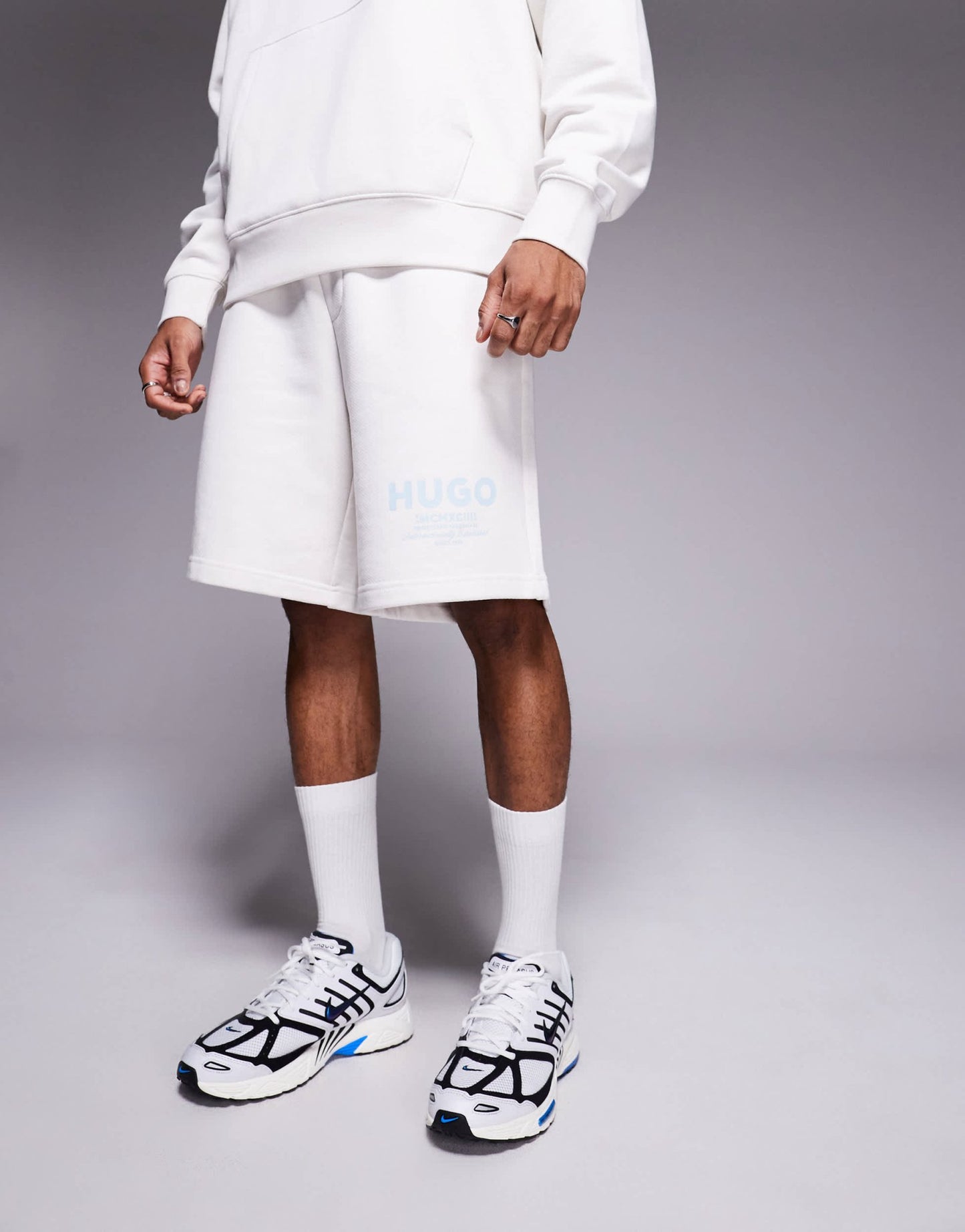 Hugo Blue co - ord loose fit jersey shorts in stone with blue logo - ASOS Sample Sale EU Store