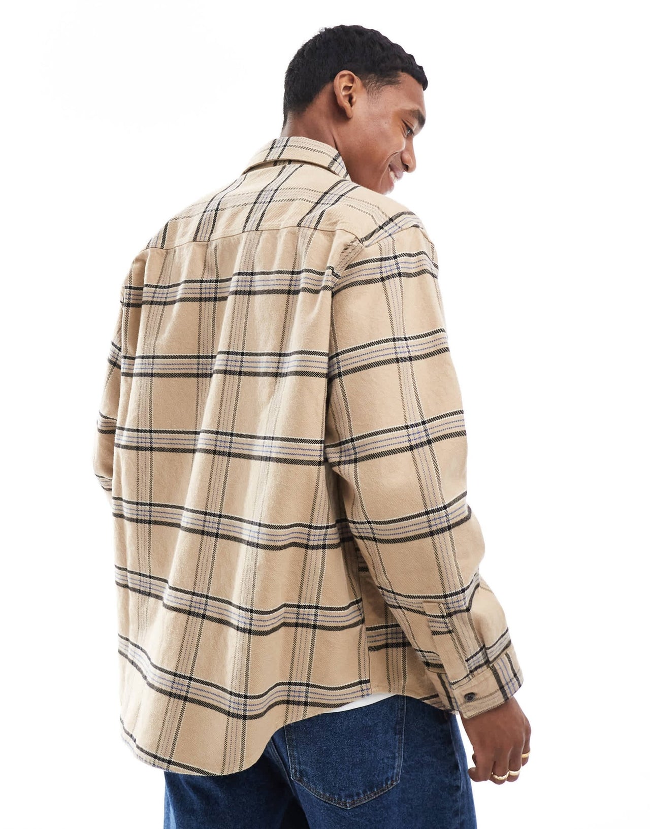 HUGO Blue ebolt oversized flannel shirt in beige and blue check - ASOS Sample Sale EU Store