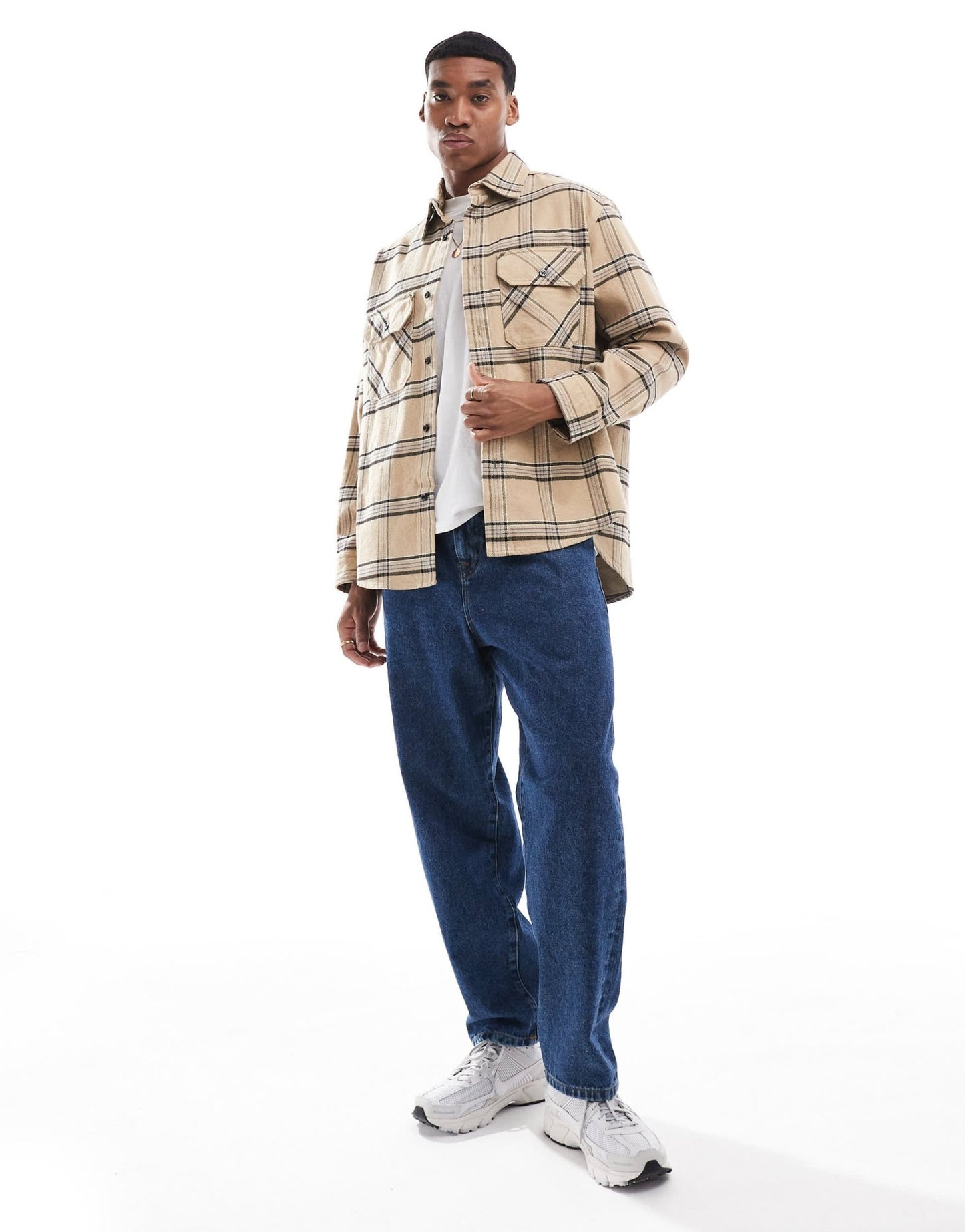 HUGO Blue ebolt oversized flannel shirt in beige and blue check - ASOS Sample Sale EU Store