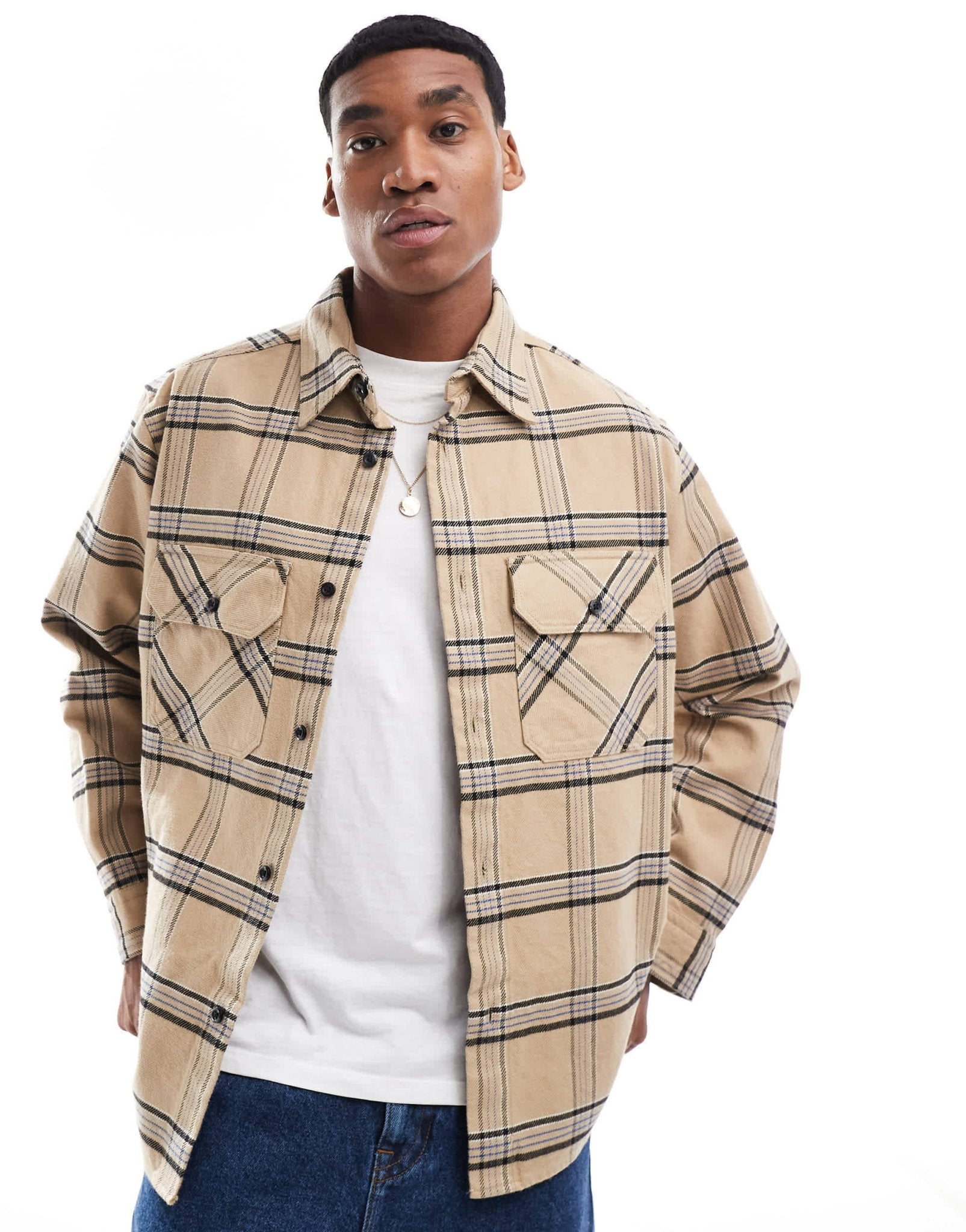 HUGO Blue ebolt oversized flannel shirt in beige and blue check - ASOS Sample Sale EU Store