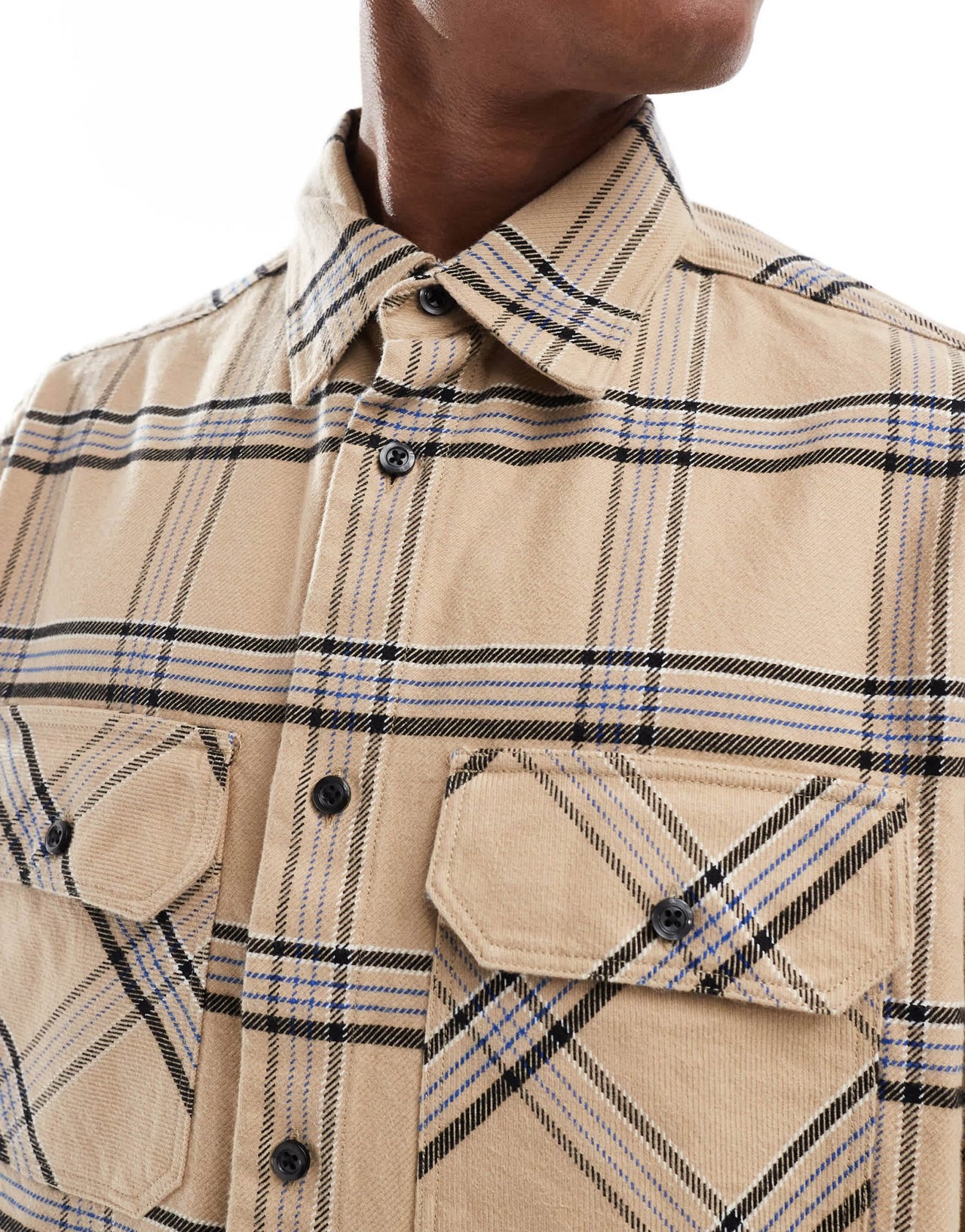 HUGO Blue ebolt oversized flannel shirt in beige and blue check - ASOS Sample Sale EU Store