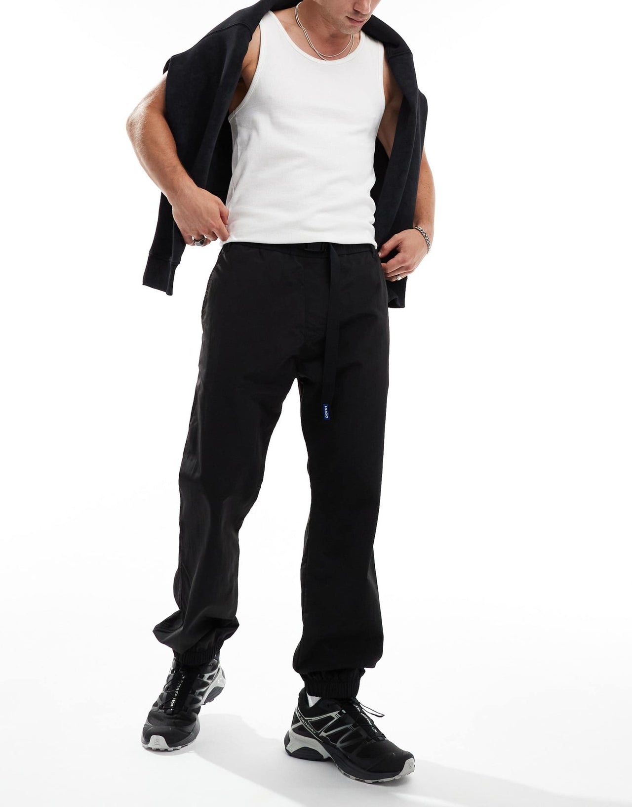 HUGO Blue gerko casual trousers in black with strapping detail - ASOS Sample Sale EU Store