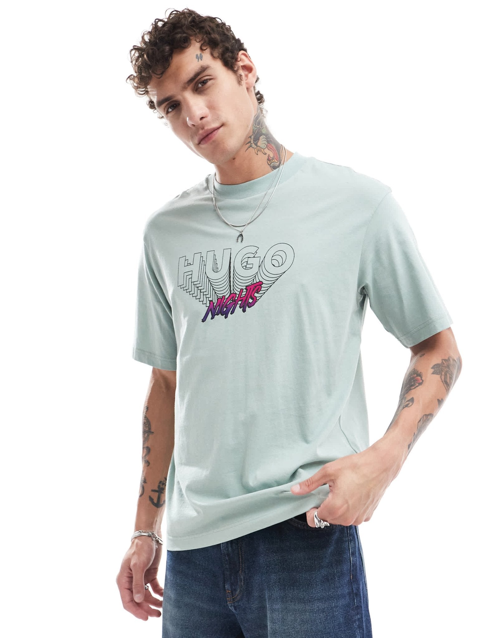 HUGO Blue nassano t-shirt in light green with logo chest print - ASOS Sample Sale EU Store