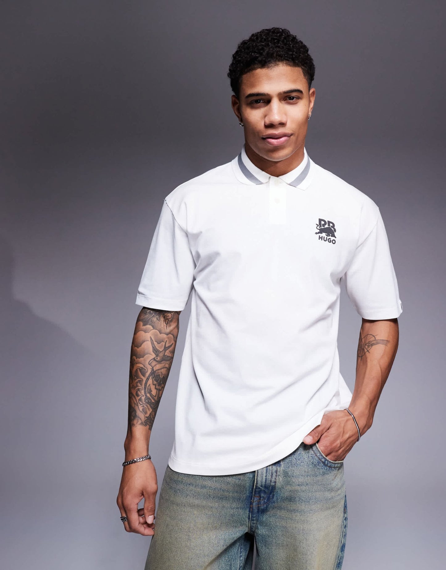 HUGO RED Bull Racing capsule Dodac silver logo and collar stripe relaxed fit pique polo in white - ASOS Sample Sale EU Store