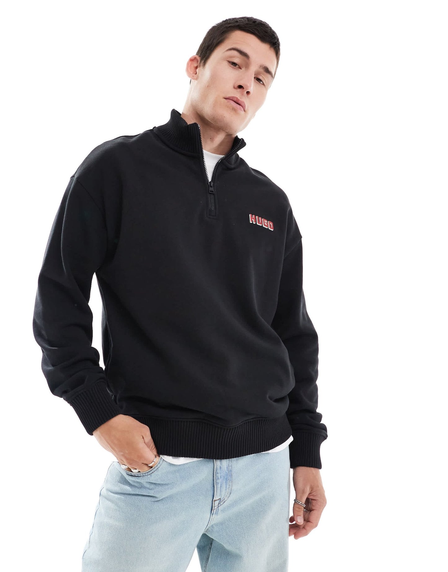 HUGO Red diqiele half zip sweatshirt in black - ASOS Sample Sale EU Store