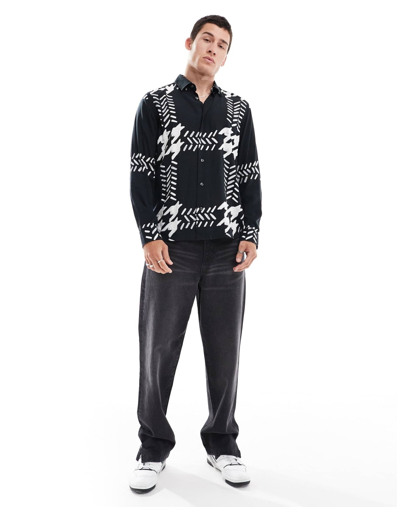 HUGO Red emero long sleeve shirt in black with oversized houndstooth print - ASOS Sample Sale EU Store