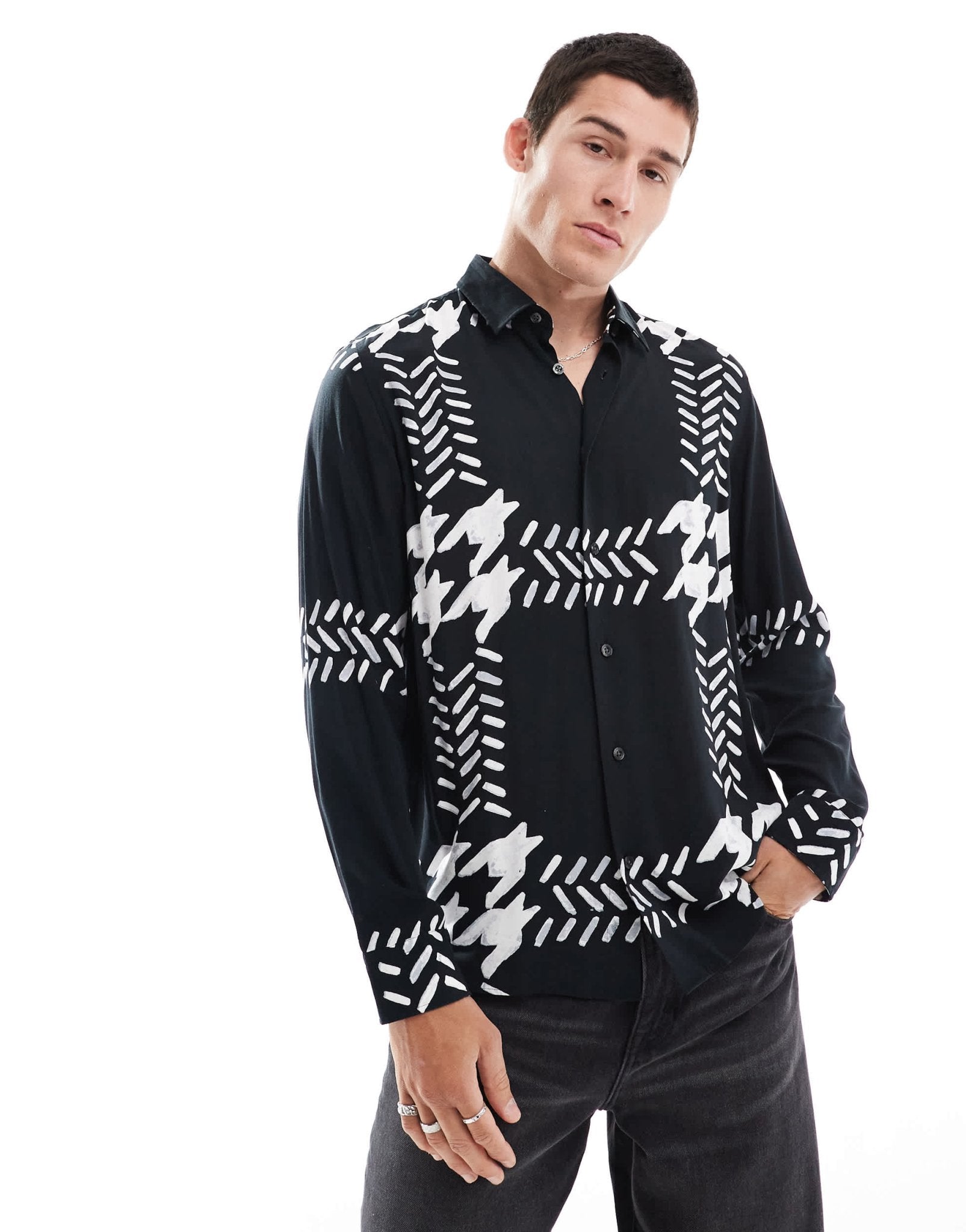 HUGO Red emero long sleeve shirt in black with oversized houndstooth print - ASOS Sample Sale EU Store