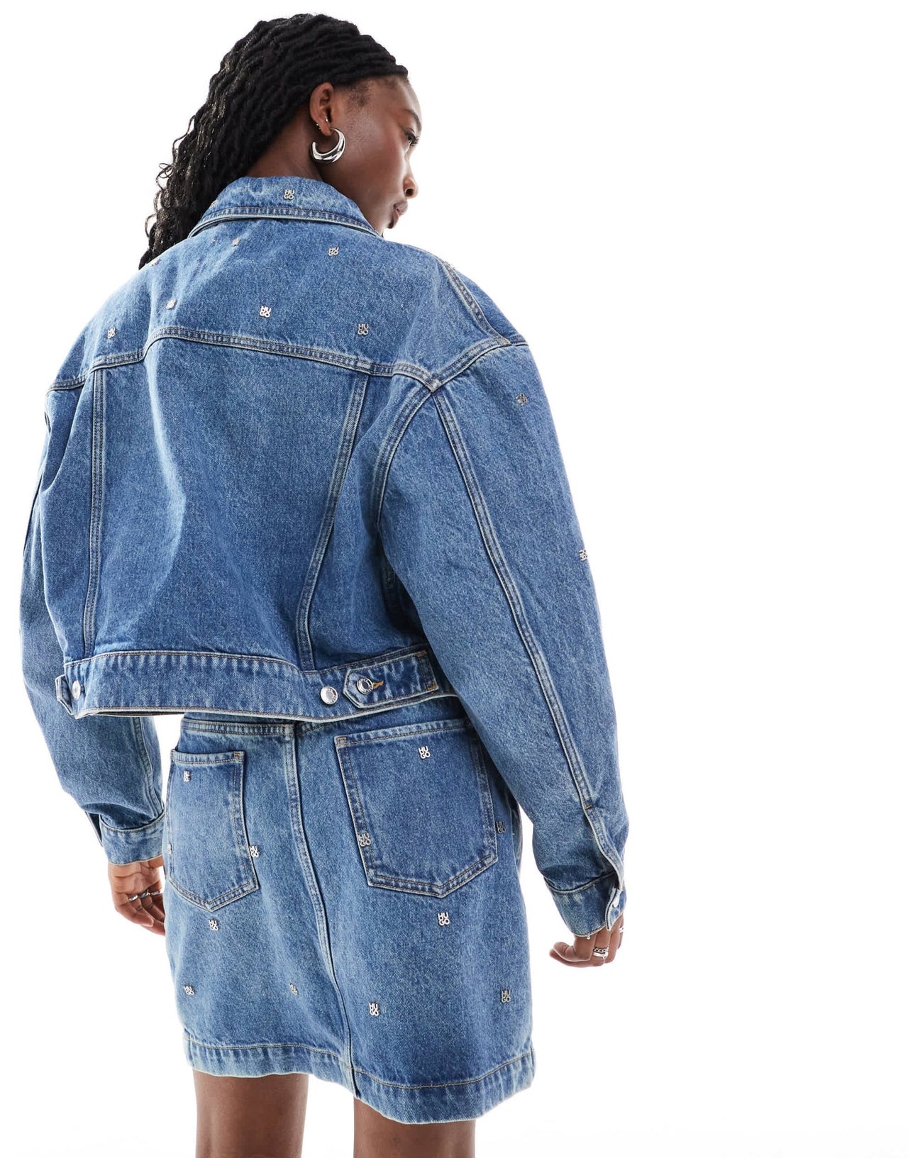 HUGO Red gebisi co - ord denim mini skirt in midwash blue with all over logo studding - ASOS Sample Sale EU Store