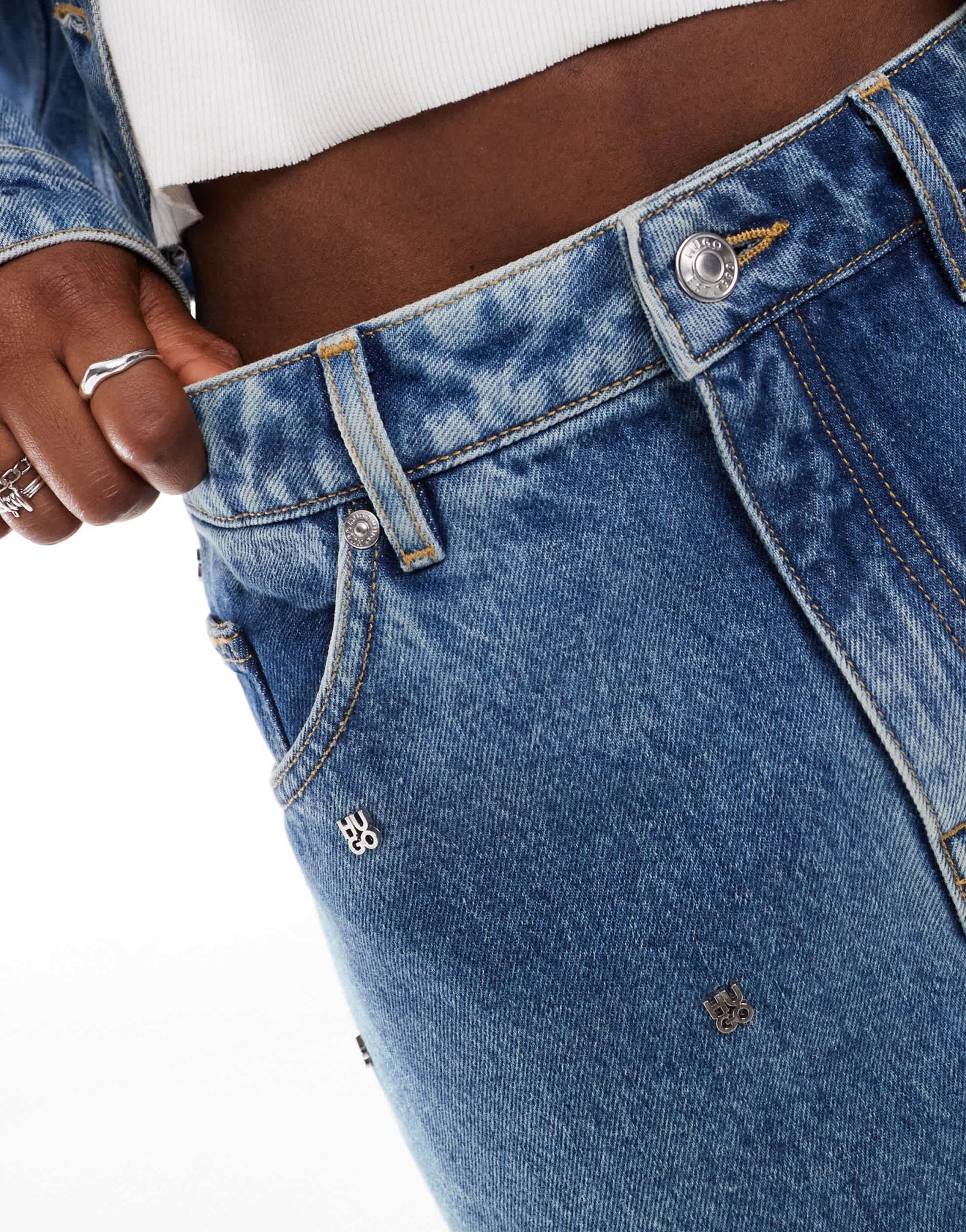 HUGO Red gebisi co - ord denim mini skirt in midwash blue with all over logo studding - ASOS Sample Sale EU Store