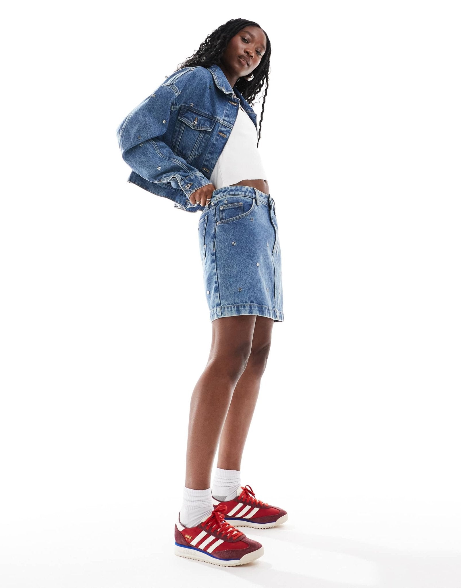 HUGO Red gebisi co - ord denim mini skirt in midwash blue with all over logo studding - ASOS Sample Sale EU Store