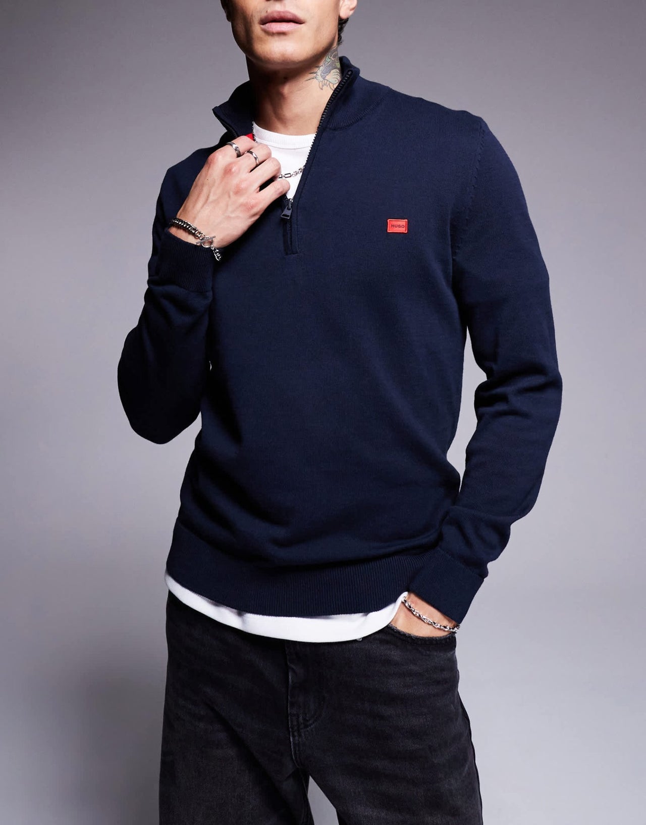 HUGO Red san quintus knitted half zip jumper in navy - ASOS Sample Sale EU Store