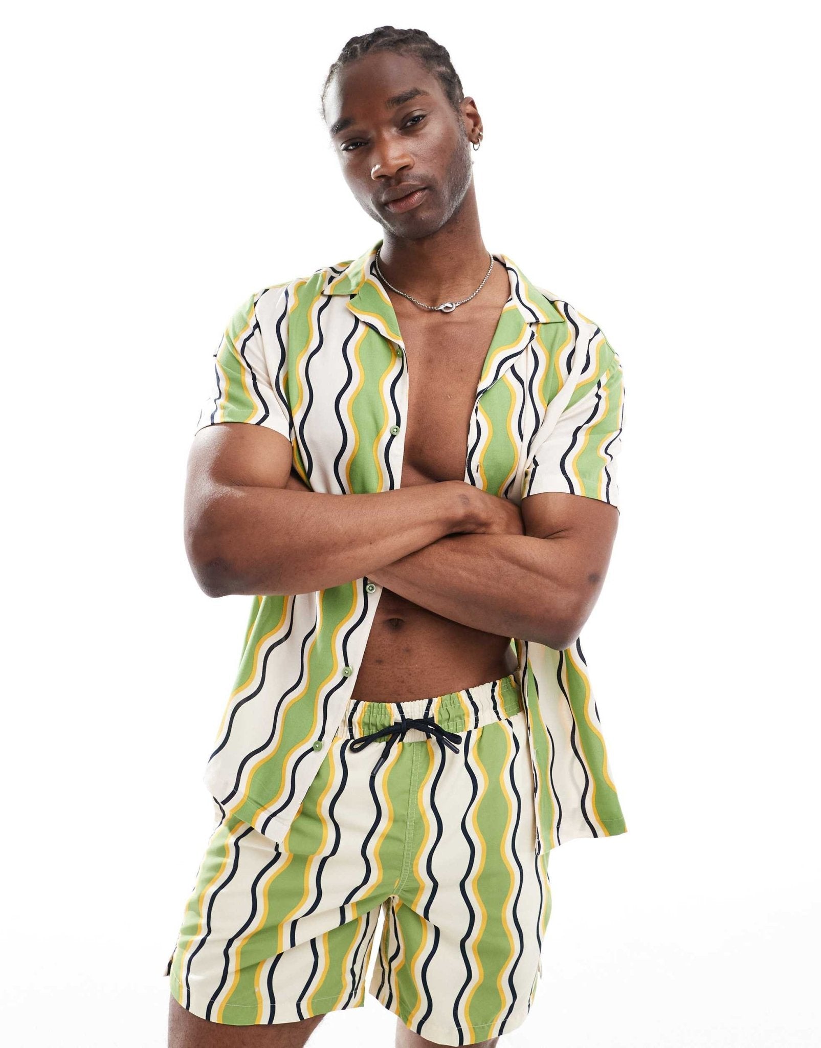 Hunky Trunks wavy stripe beach shIrt co ord in green and white - ASOS Sample Sale EU Store