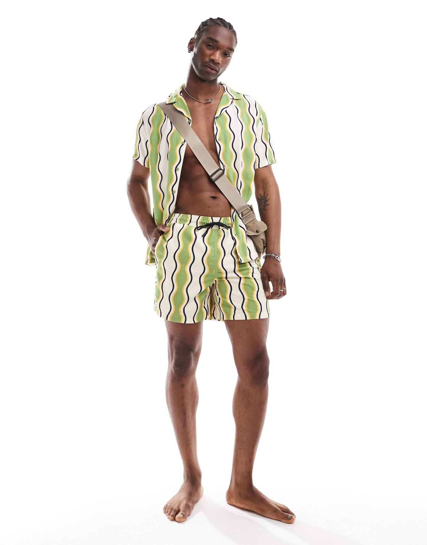Hunky Trunks wavy stripe beach shIrt co ord in green and white - ASOS Sample Sale EU Store
