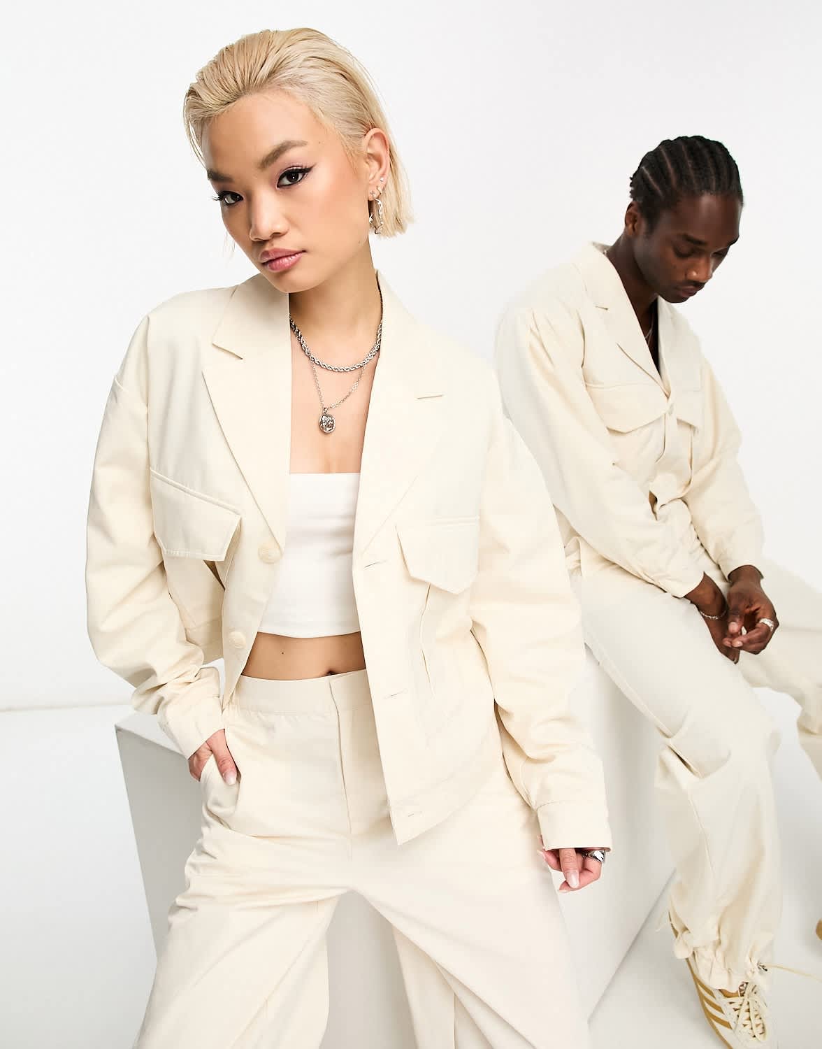 IIQUAL unisex drop shoulder pocket detail jacket co - ord in cream - ASOS Sample Sale EU Store