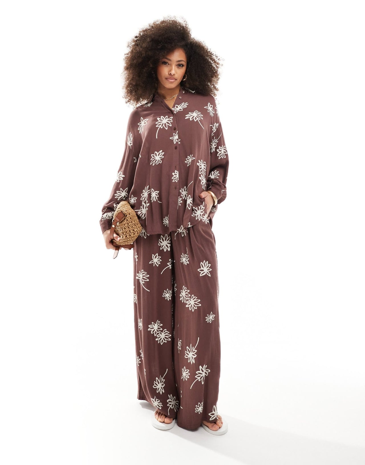 Iisla and Bird flower print long sleeve beach shirt co - ord in brown - ASOS Sample Sale EU Store