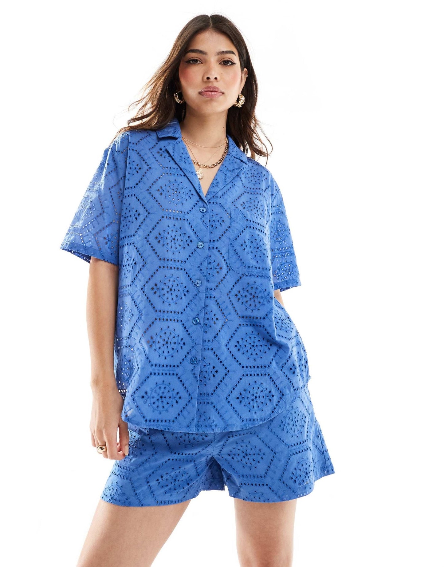 Iisla & Bird broderie short sleeve beach shirt co - ord in blue - ASOS Sample Sale EU Store