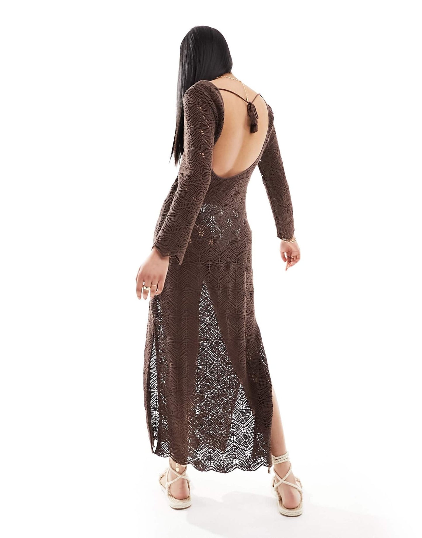 Iisla & Bird long sleeve maxi crochet beach dress in dark brown - ASOS Sample Sale EU Store
