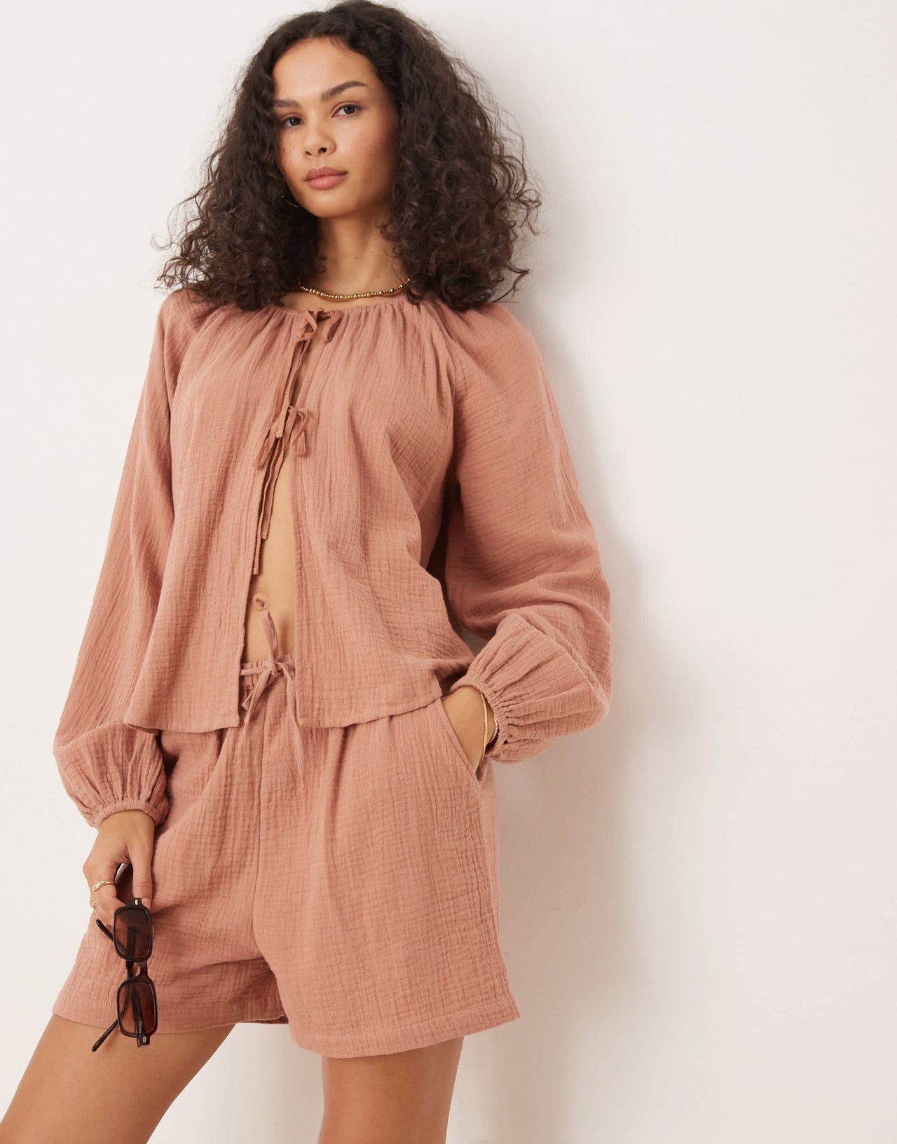 Iisla & Bird long sleeve tie front beach top co - ord in rust - ASOS Sample Sale EU Store