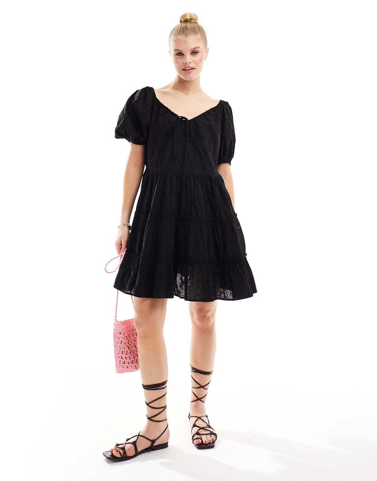 Iisla & Bird puff sleeve mini broderie tiered beach dress in black - ASOS Sample Sale EU Store