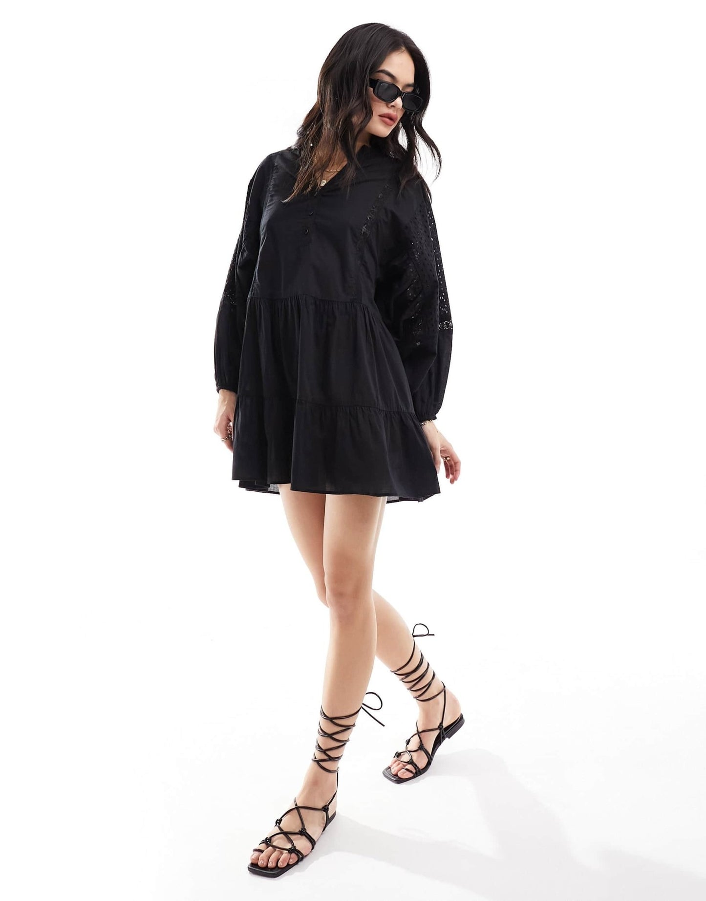 IIsla & Bird volume broiderie mini beach summer dress in black - ASOS Sample Sale EU Store