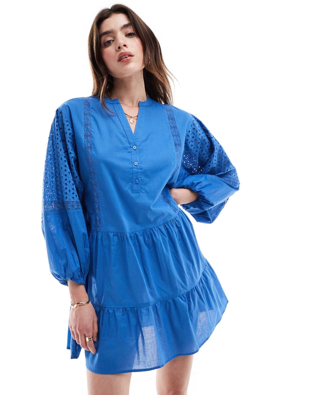 Iisla & Bird volume broiderie mini beach summer dress in blue - ASOS Sample Sale EU Store