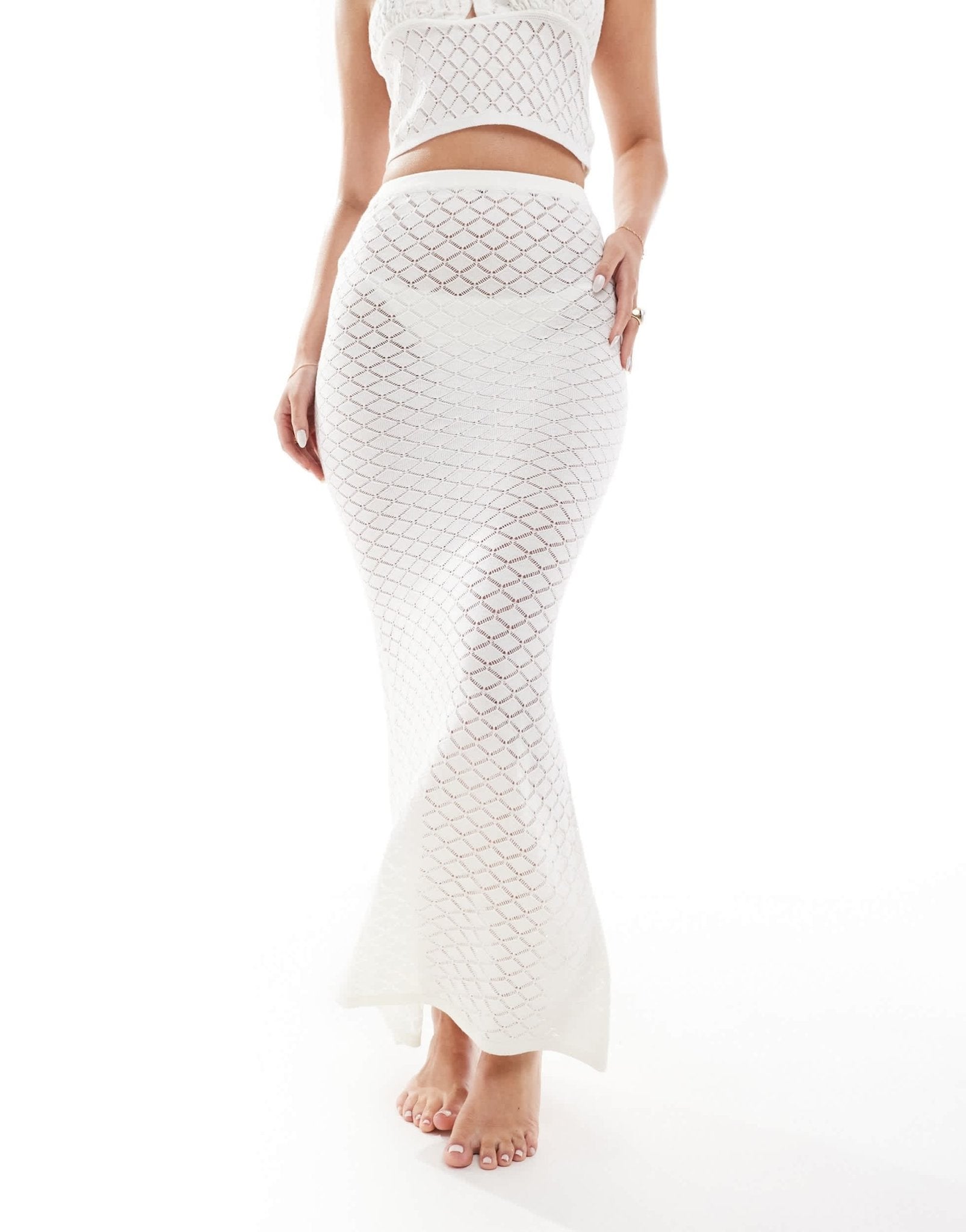 In The Style exclusive crochet knit textured fishtail maxi beach skirt co - ord in cream - ASOS Sample Sale EU Store
