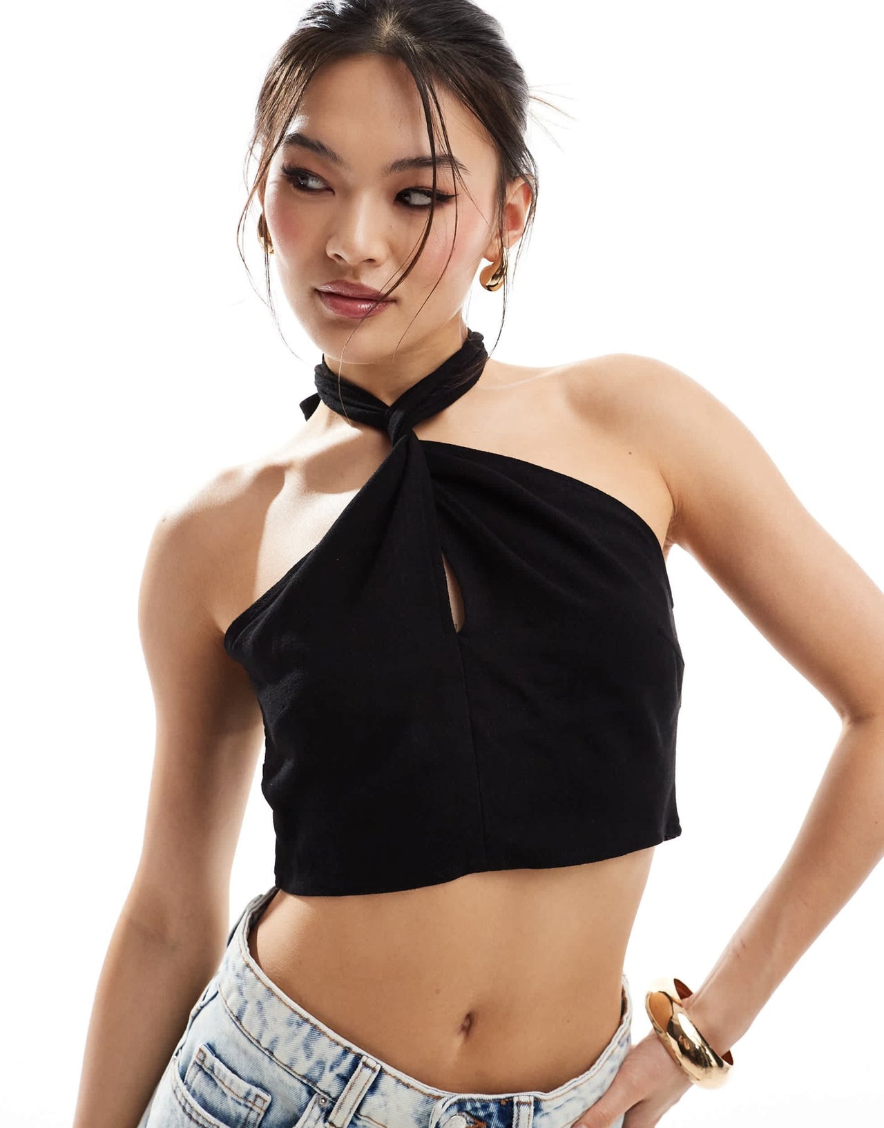 In The Style halterneck wrap front crop top in black - ASOS Sample Sale EU Store