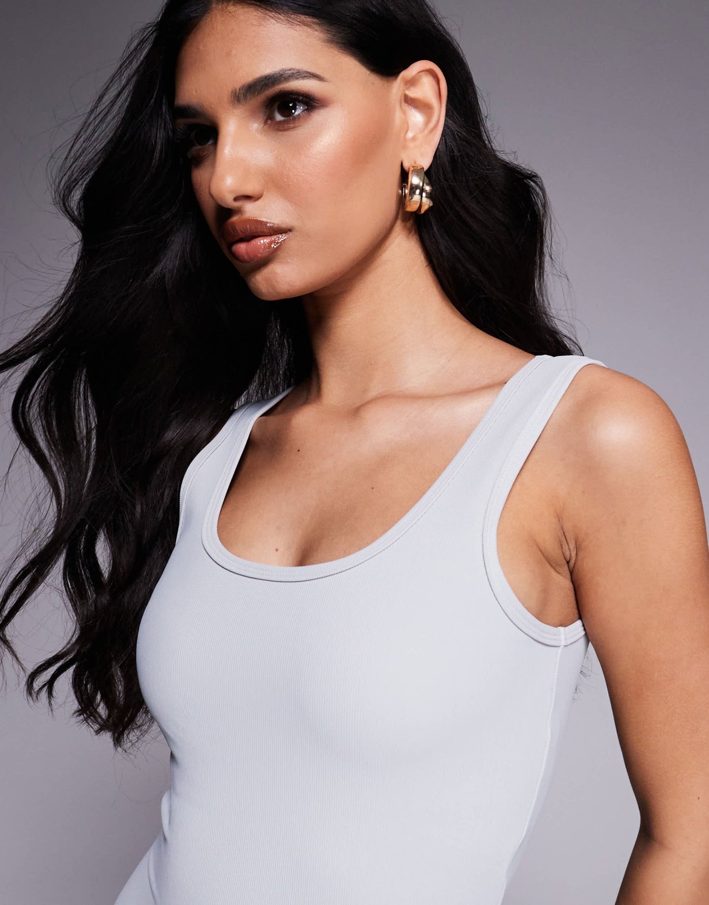 In The Style ribbed scoop neck flared unitard jumpsuit in light grey - ASOS Sample Sale EU Store