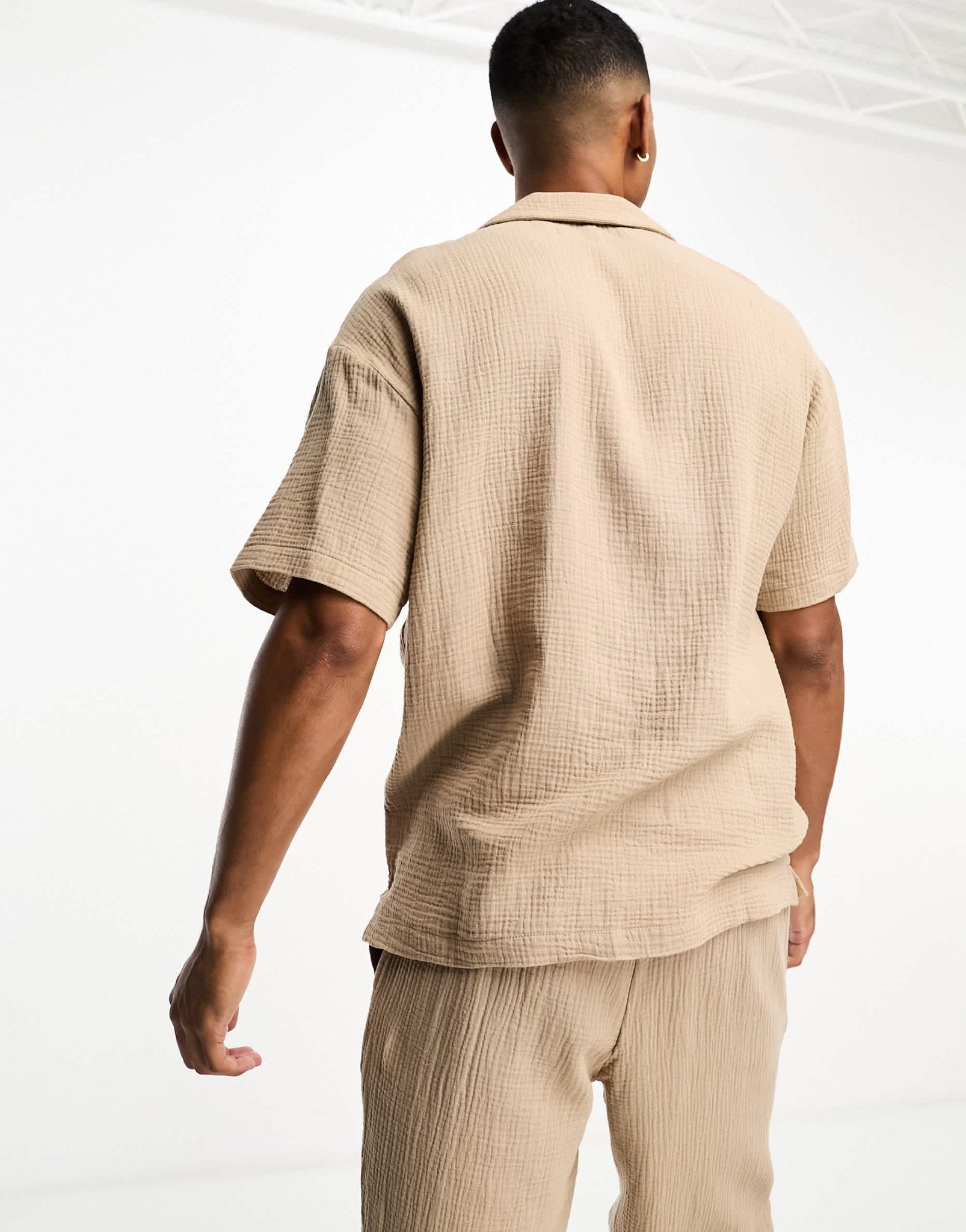 Jack & Jones boxy fit revere shirt co - ord with waffle texture in sand - ASOS Sample Sale EU Store