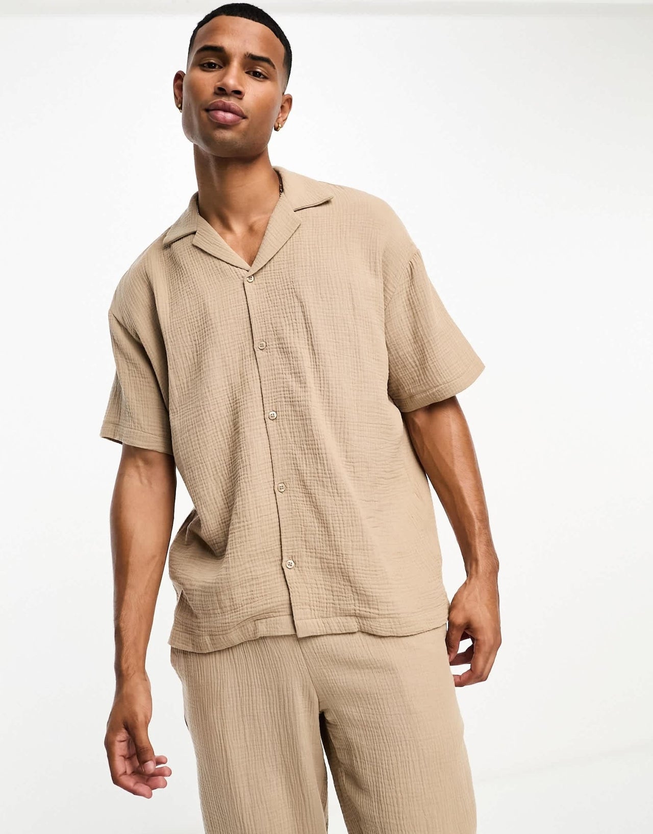 Jack & Jones boxy fit revere shirt co - ord with waffle texture in sand - ASOS Sample Sale EU Store