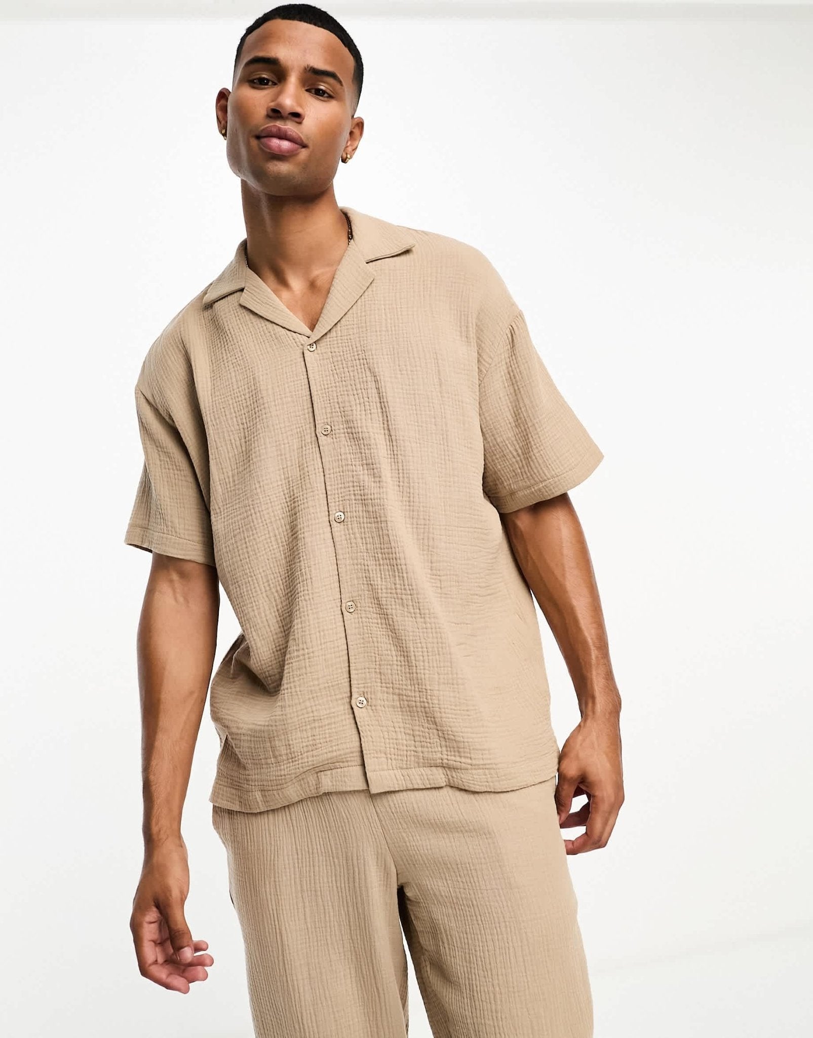 Jack & Jones boxy fit revere shirt co - ord with waffle texture in sand - ASOS Sample Sale EU Store