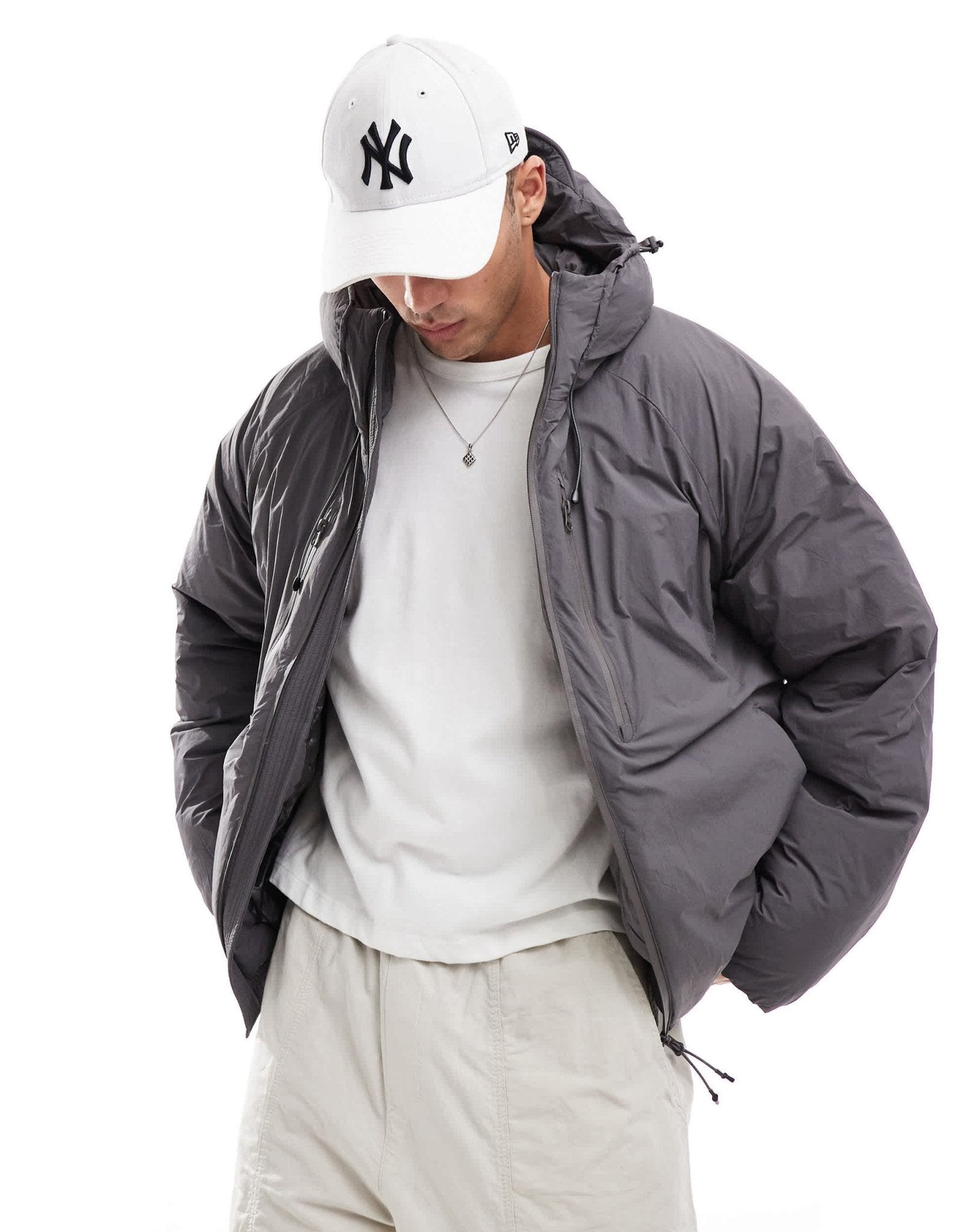 Jack & Jones hooded puffer jacket with tech details in dark grey - ASOS Sample Sale EU Store