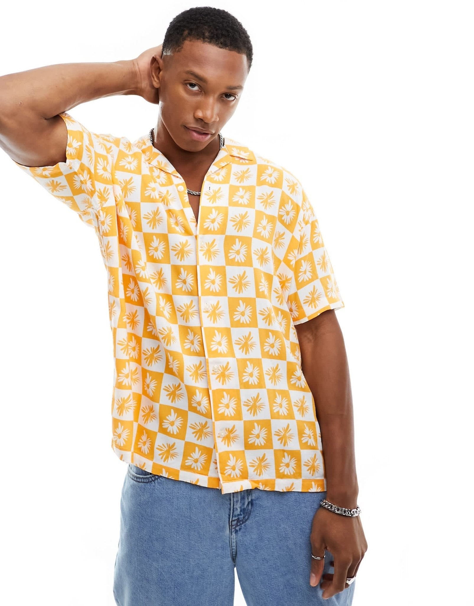 Jack & Jones Originals revere collar shirt with tile print in orange - ASOS Sample Sale EU Store