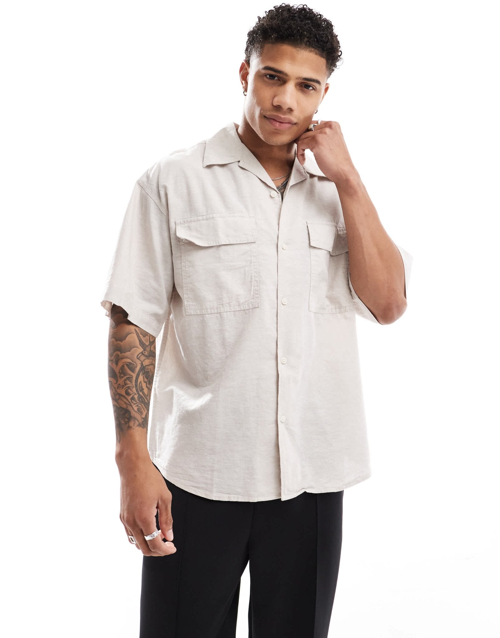 Jack & Jones oversized utility pocket linen shirt in beige - ASOS Sample Sale EU Store