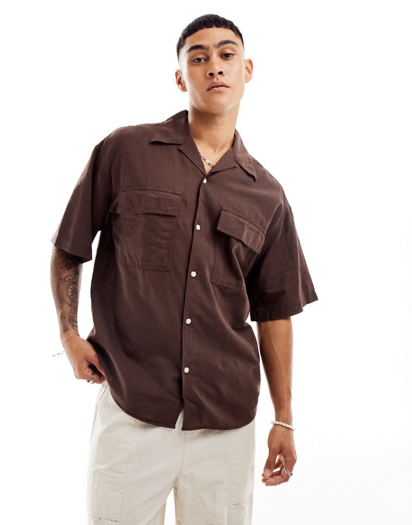 Jack & Jones oversized utility pocket linen shirt in brown - ASOS Sample Sale EU Store