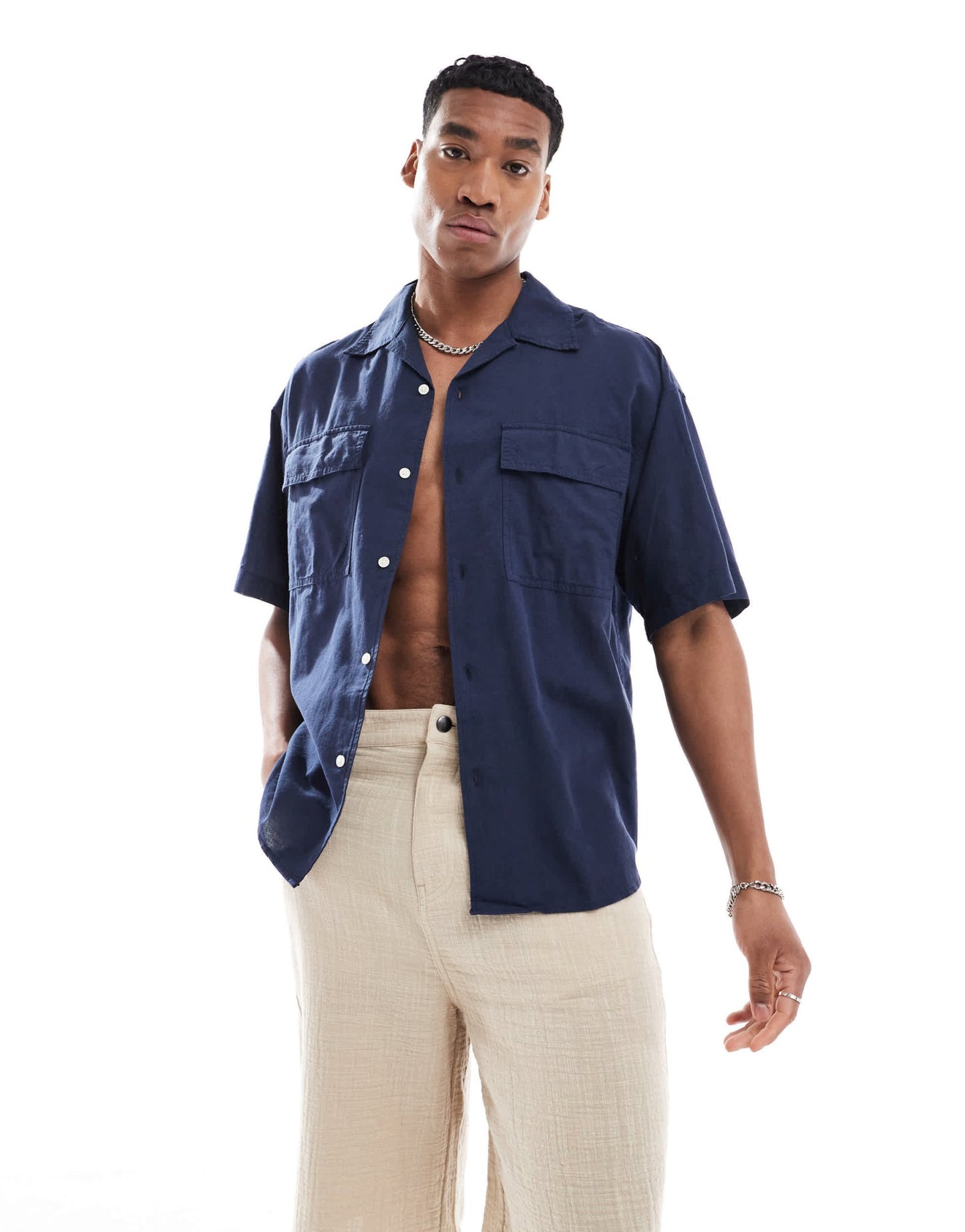 Jack & Jones oversized utility pocket linen shirt in navy - ASOS Sample Sale EU Store