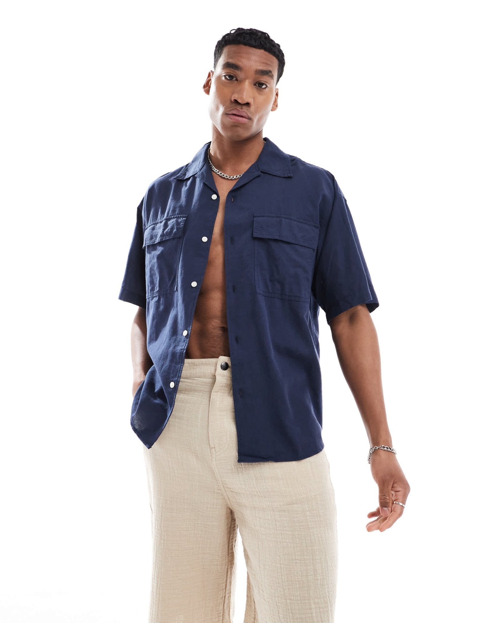 Jack & Jones oversized utility pocket linen shirt in navy - ASOS Sample Sale EU Store