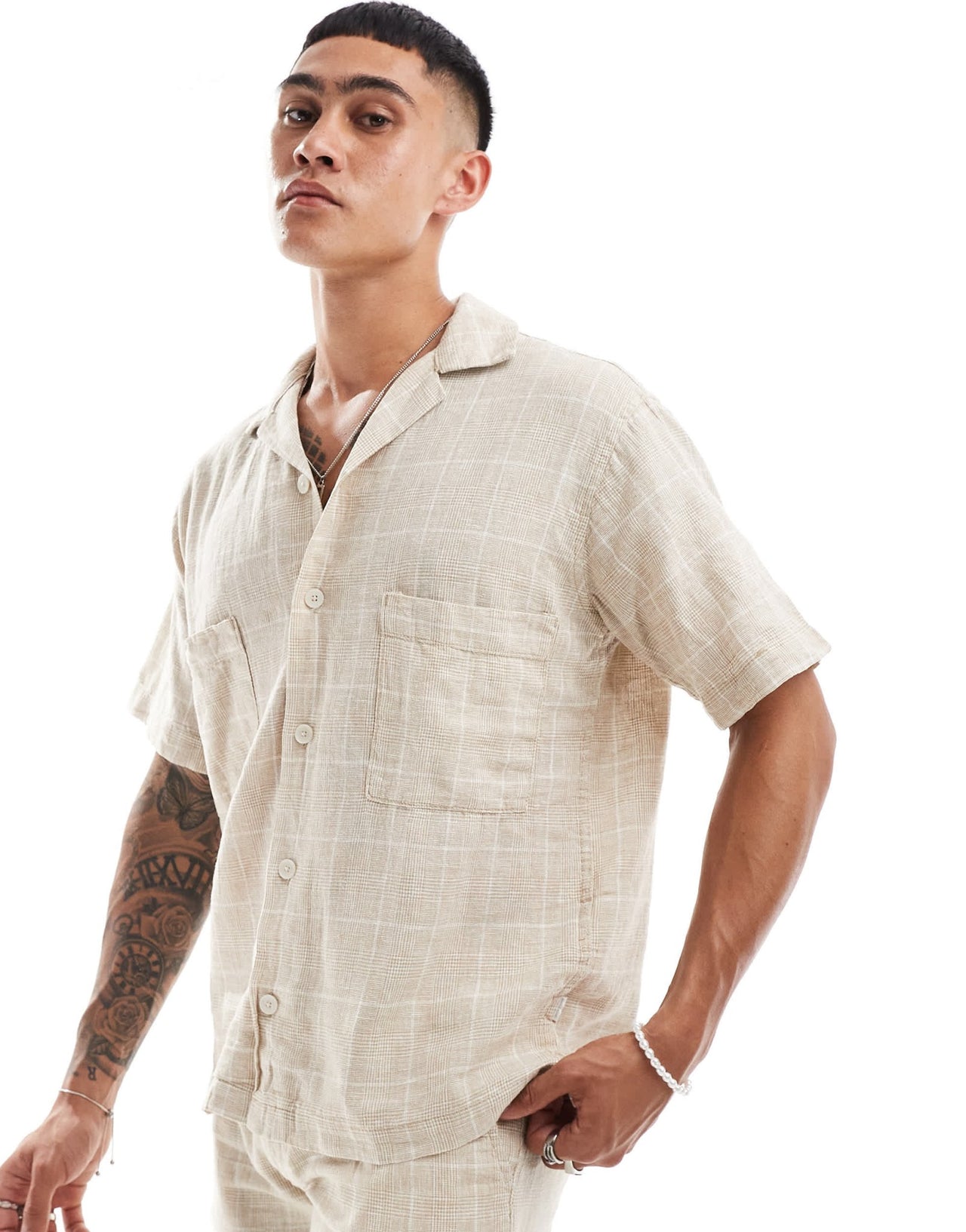 Jack & Jones Premium co - ord revere collar linen mix shirt in beige check - ASOS Sample Sale EU Store