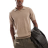 Jack & Jones Premium split neck boucle texture polo shirt in tan