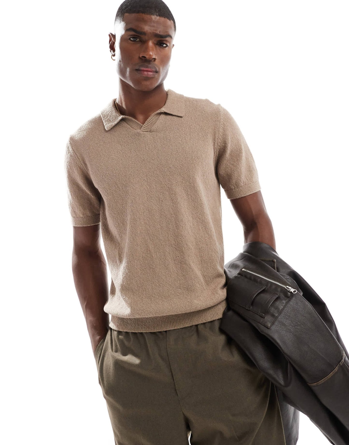 Jack & Jones Premium split neck boucle texture polo shirt in tan - ASOS Sample Sale EU Store