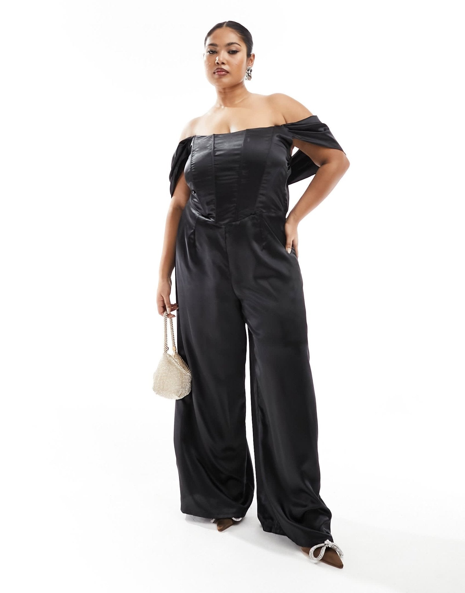 Jaded Rose Plus off shoulder satin corset jumpsuit in black - ASOS Sample Sale EU Store