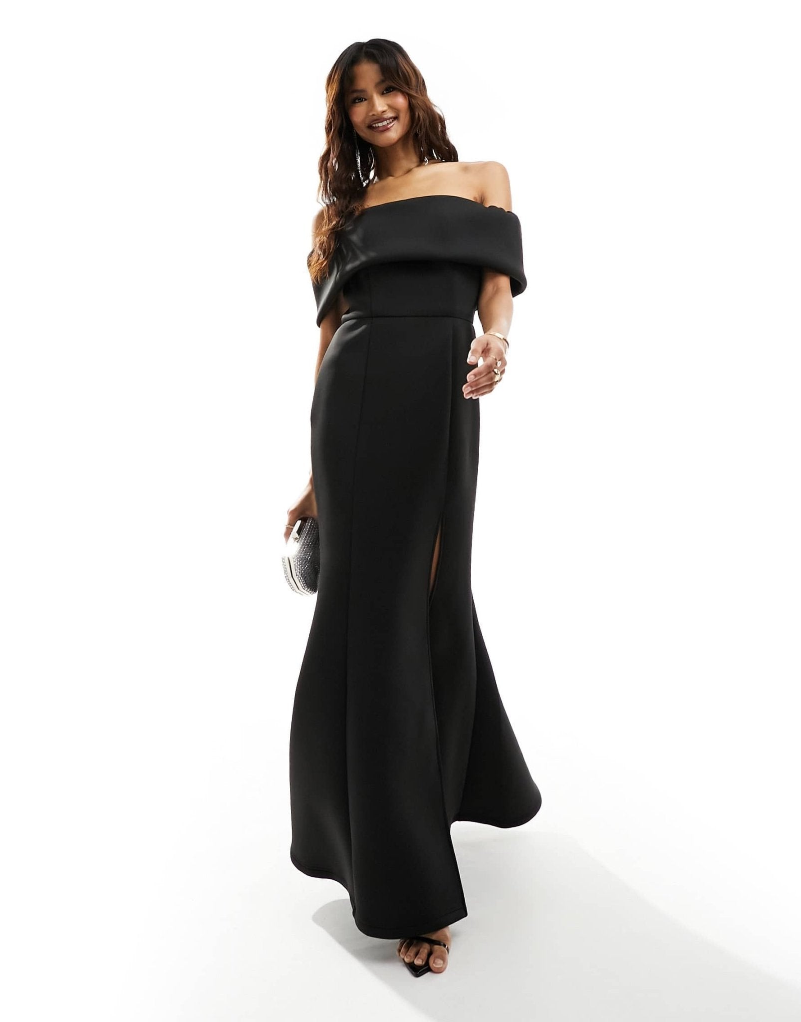 Jarlo straight bardot gown with fishtail skirt in black - ASOS Sample Sale EU Store