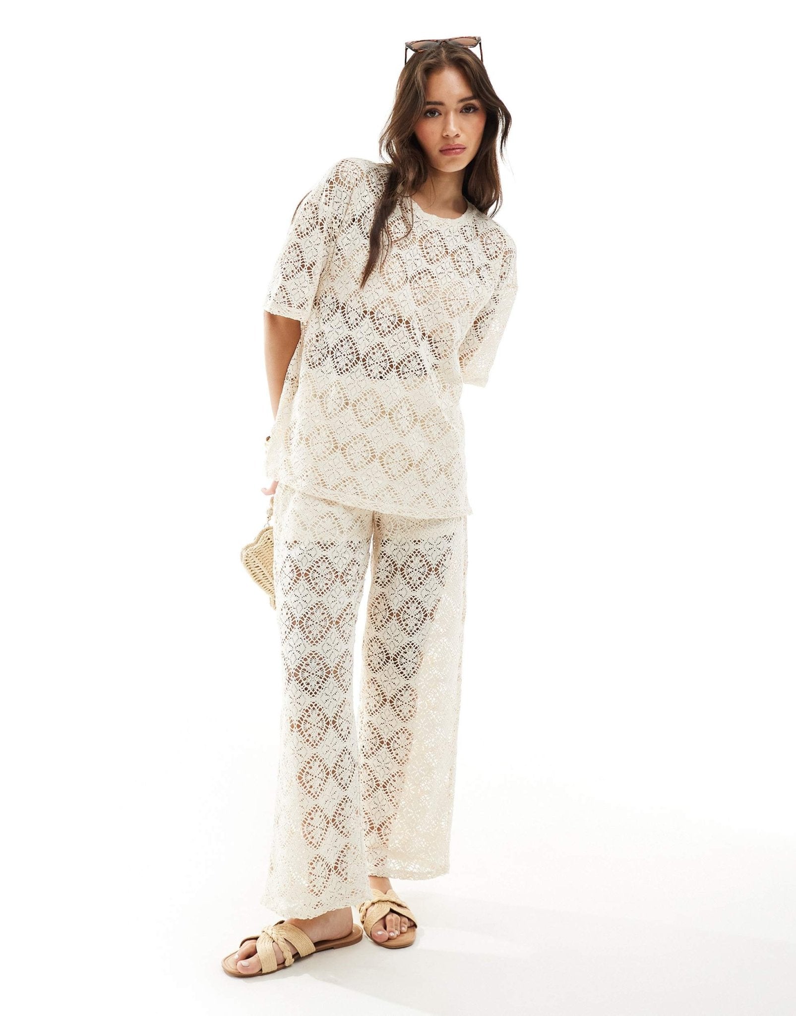 JDY crochet wide leg trouser co - ord with short inscert in stone - ASOS Sample Sale EU Store
