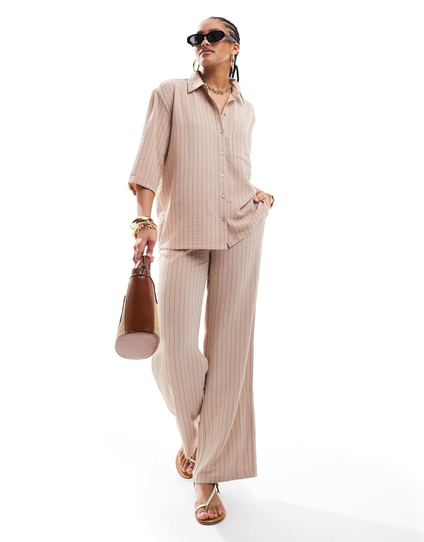 JDY high waisted wide leg trouser co - ord in beige stripe - ASOS Sample Sale EU Store