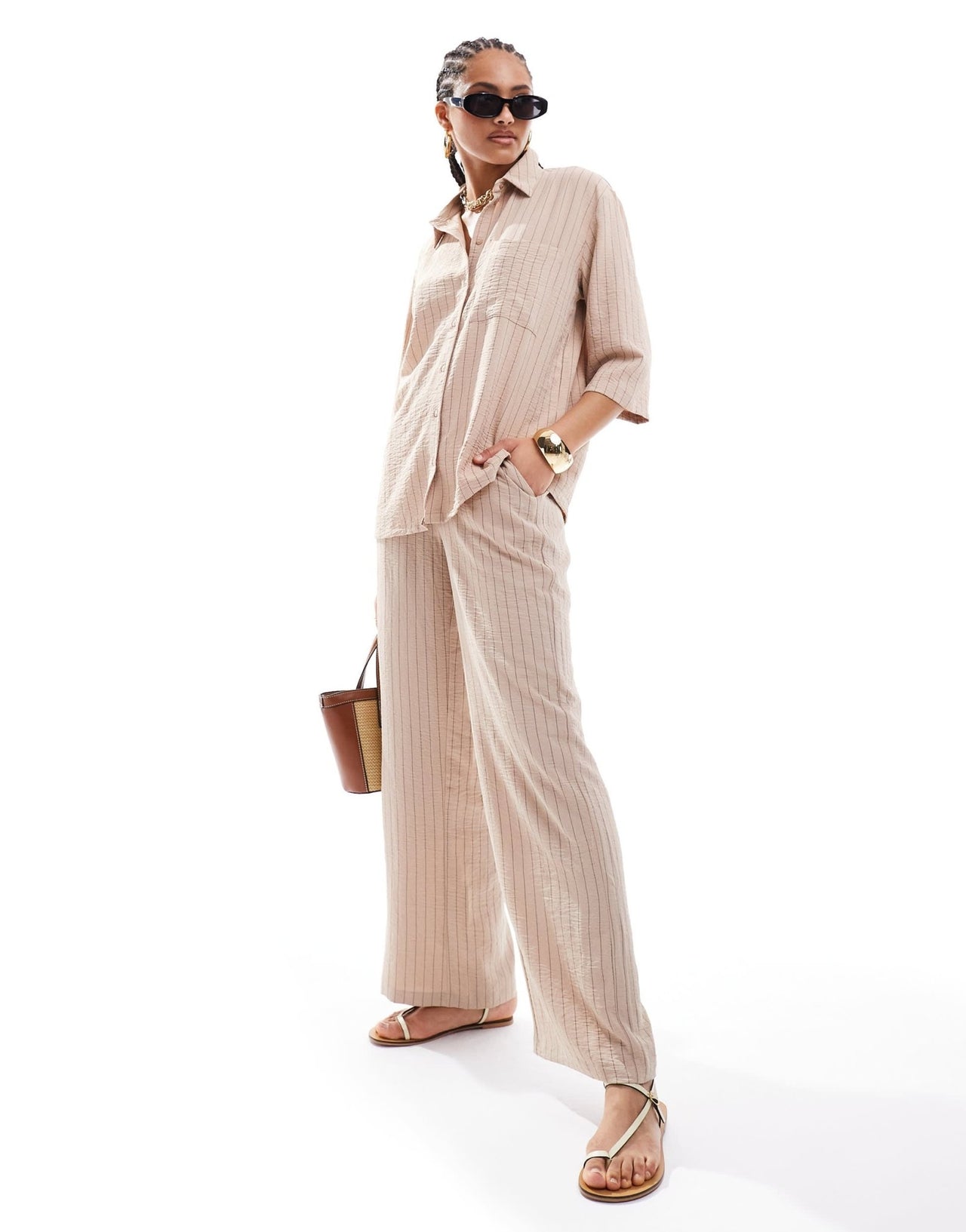 JDY high waisted wide leg trouser co - ord in beige stripe - ASOS Sample Sale EU Store