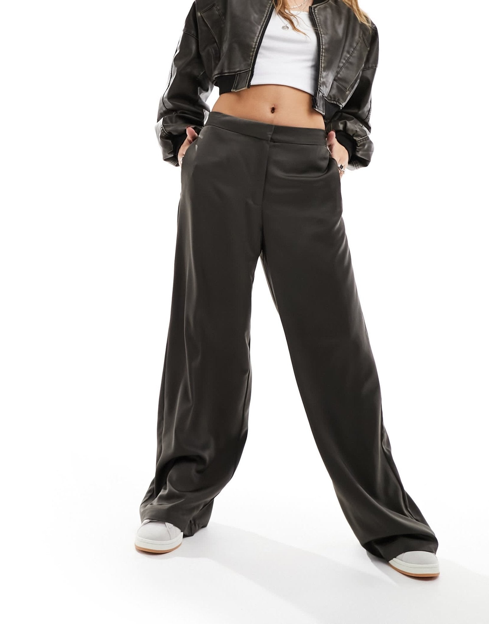 JDY high waisted wide leg trousers in dark brown - ASOS Sample Sale EU Store
