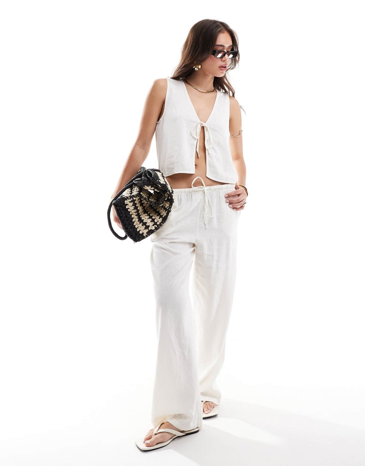 JDY linen mix front tie waistcoat co - ord in white - ASOS Sample Sale EU Store