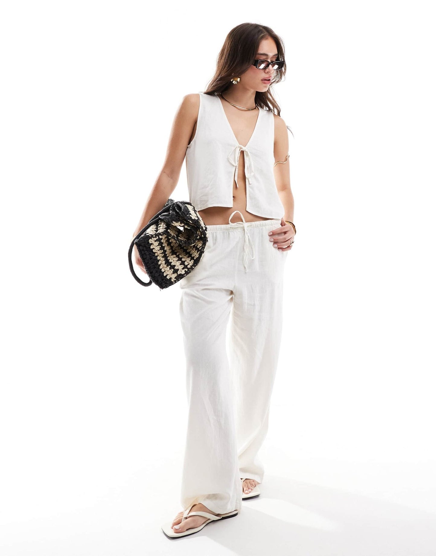 JDY linen mix front tie waistcoat co - ord in white - ASOS Sample Sale EU Store