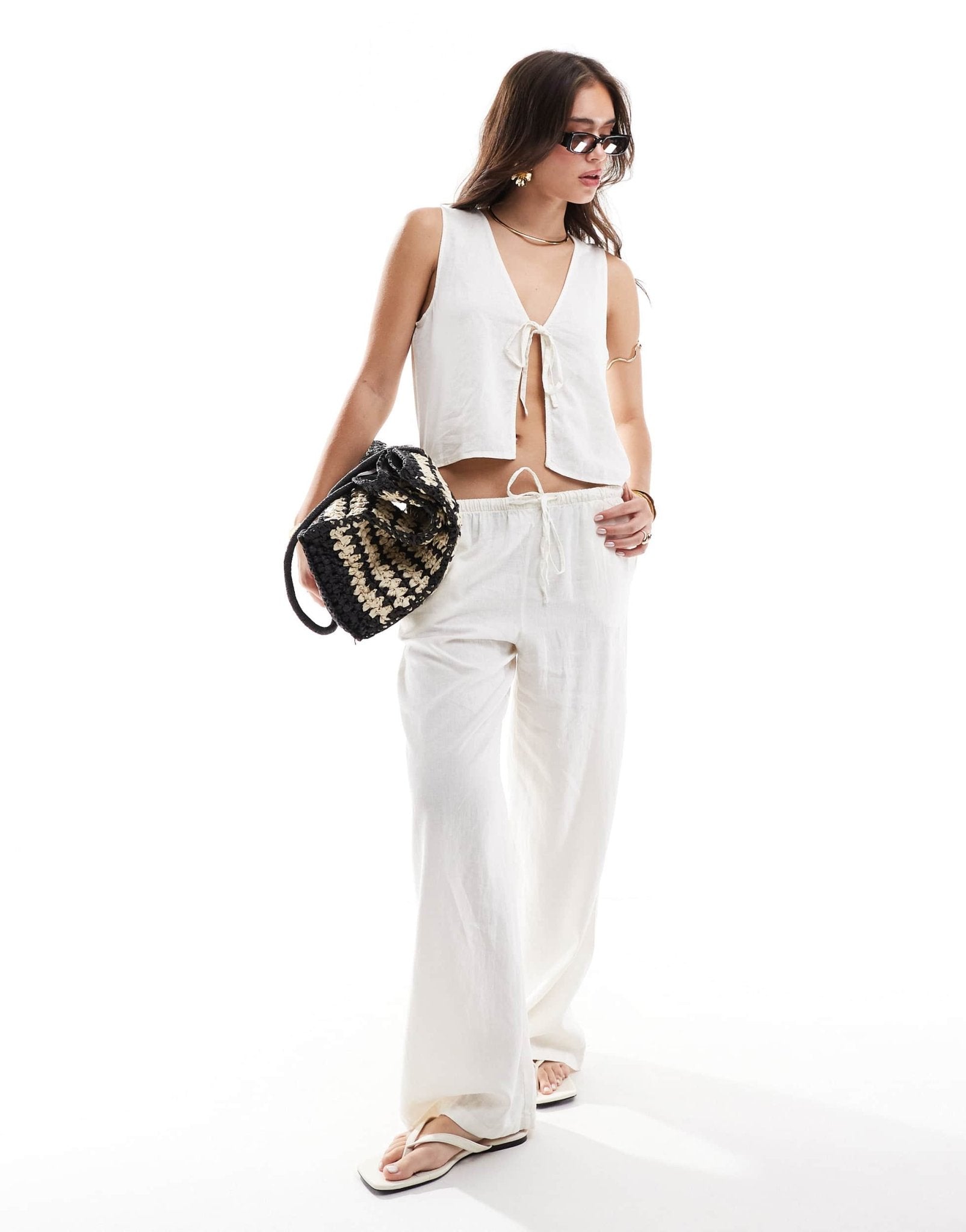 JDY linen mix front tie waistcoat co - ord in white - ASOS Sample Sale EU Store