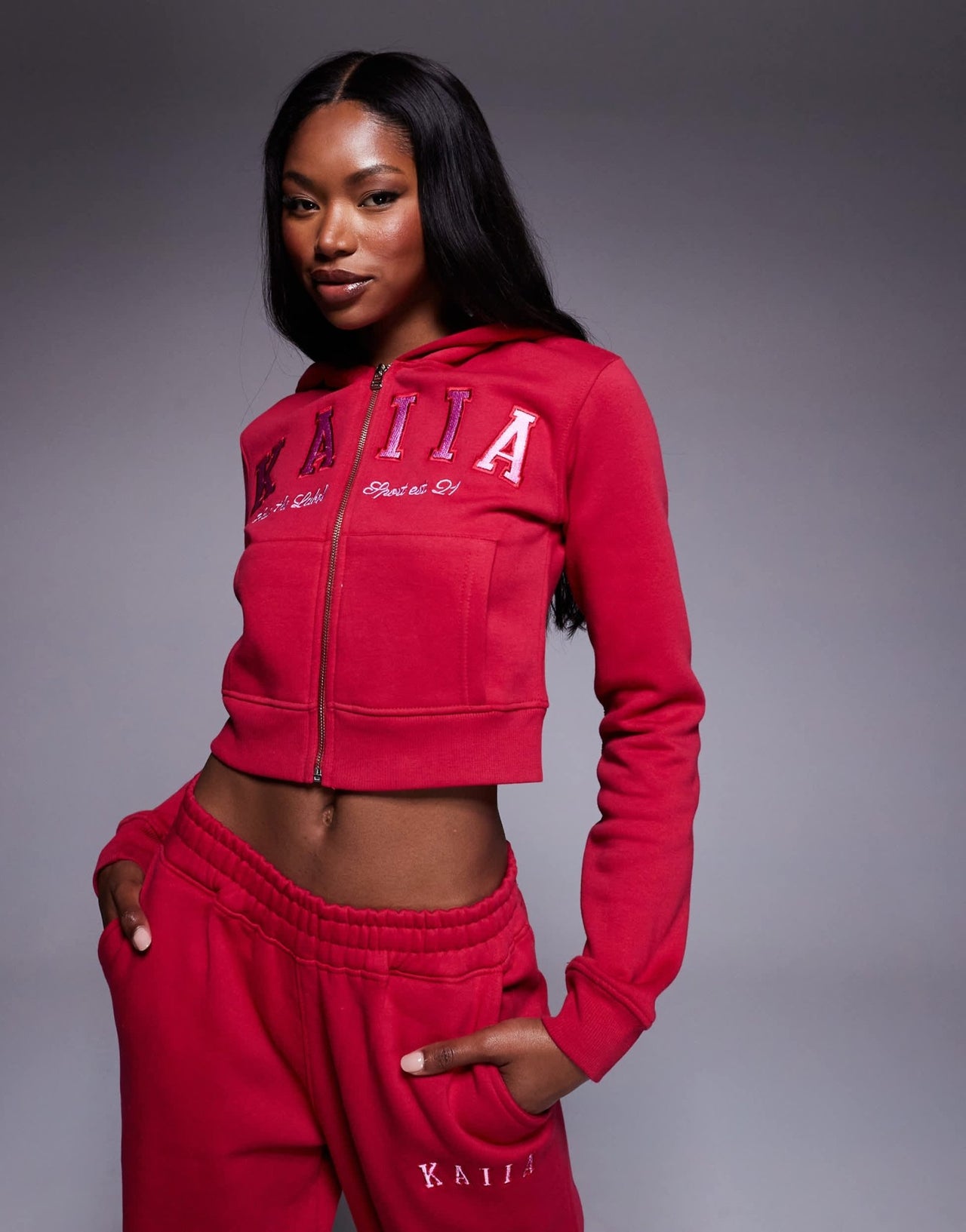 Kaiia cotton blend embroidered logo oversized hoodie co - ord in red and pink - ASOS Sample Sale EU Store